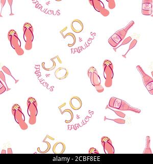 Cinquante et fabuleux fond de motif vectoriel sans couture. Rose girly, or, toile de fond blanche avec texte, tongs chaussures, bouteilles de champagne, lunettes de fizing Illustration de Vecteur