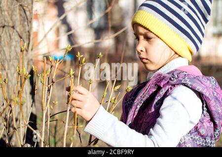 Une fille marche au printemps. Considérez les plantes qui ont des bourgeons. Banque D'Images