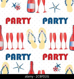 Chaussure Party Flip flop fond de motif vectoriel sans couture. Toile de fond rouge, bleu, blanc avec texte, sandales, bouteilles de champagne, poisson étoilé. Géométrique Illustration de Vecteur