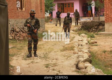 Srinagar, Inde. 13 août 2020. Les forces de sécurité indiennes ont lancé une opération anti-militants dans le village de Hieng-Rajpora, dans la ville de Kunzer, dans le district de Baramulla, au nord de Srinagar, au Cachemire contrôlé par l'Inde. L'opération anti-militants a été lancée à la suite des informations sur la présence de militants dans la région. (Photo de Sajad Hameed/Pacific Press) crédit: Pacific Press Media production Corp./Alay Live News Banque D'Images