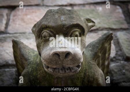Grotesque de pierre sur un bâtiment dans la ville de York, Yorkshire, Angleterre. Banque D'Images