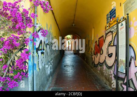 Le tunnel avec graffiti menant à la route Carpaneta qui relie le village de Lerici aux fractions de Tellaro et la Serra, Ligurie, Italie Banque D'Images