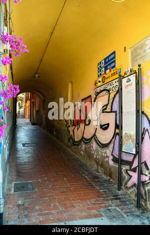 Le tunnel avec graffiti menant à la route Carpaneta qui relie le village de Lerici aux fractions de Tellaro et la Serra, Ligurie, Italie Banque D'Images