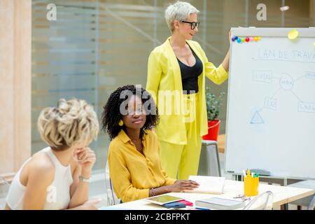 chef d'entreprise ayant des réunions d'affaires avec son personnel.gros plan photo. femmes d'affaires discutant du plan de perspective pour des affaires prospères Banque D'Images