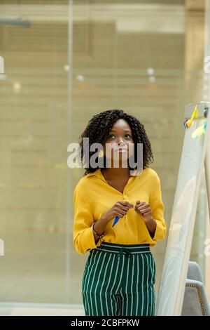 Belle femme afro-américaine pensive avec une coiffure afro sauvage debout près du tableau et regardant vers le haut. Fille essaie de se rappeler quelques informations Banque D'Images