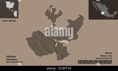 Forme de Jalisco, état du Mexique, et sa capitale. Echelle de distance, aperçus et étiquettes. Carte d'altitude en couleur. Rendu 3D Banque D'Images