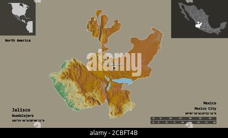 Forme de Jalisco, état du Mexique, et sa capitale. Echelle de distance, aperçus et étiquettes. Carte topographique de relief. Rendu 3D Banque D'Images
