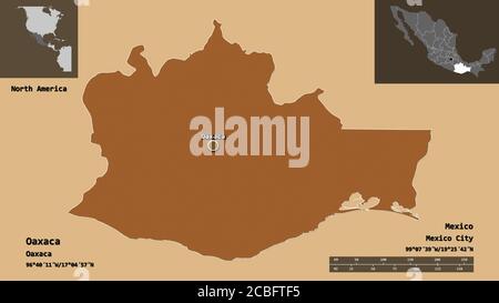Forme d'Oaxaca, État du Mexique, et sa capitale. Echelle de distance, aperçus et étiquettes. Composition de textures régulièrement répétées. Rendu 3D Banque D'Images