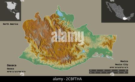 Forme d'Oaxaca, État du Mexique, et sa capitale. Echelle de distance, aperçus et étiquettes. Carte topographique de relief. Rendu 3D Banque D'Images