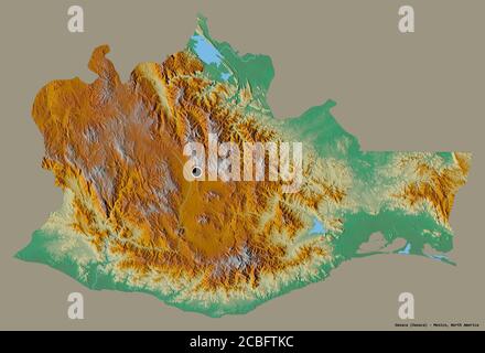 Forme d'Oaxaca, État du Mexique, avec sa capitale isolée sur un fond de couleur unie. Carte topographique de relief. Rendu 3D Banque D'Images