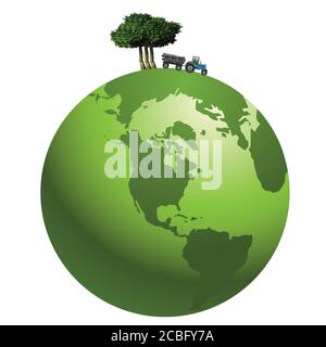 Représentation de la déforestation des forêts tropicales principalement dans les régions tropicales représenté sur une planète verte, isolée sur fond blanc Illustration de Vecteur