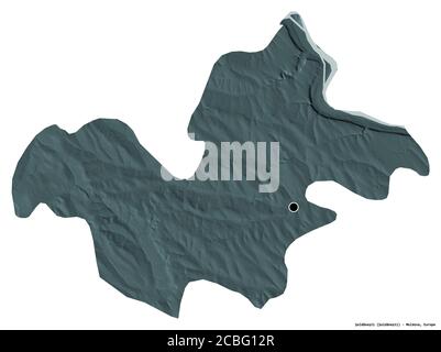 Forme de Şoldăneşti, district de Moldova, avec sa capitale isolée sur fond blanc. Carte d'altitude en couleur. Rendu 3D Banque D'Images