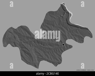 Forme de Şoldăneşti, district de Moldova, avec sa capitale isolée sur un fond de couleur unie. Carte d'élévation à deux niveaux. Rendu 3D Banque D'Images