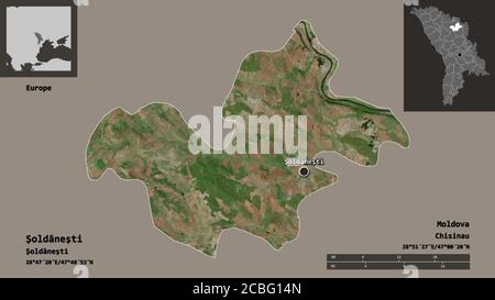 Forme de Şoldăneşti, district de Moldova, et sa capitale. Echelle de distance, aperçus et étiquettes. Imagerie satellite. Rendu 3D Banque D'Images