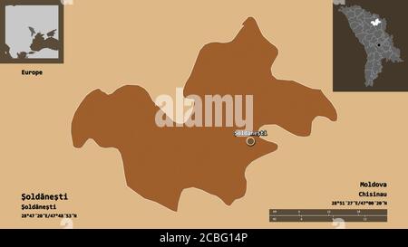 Forme de Şoldăneşti, district de Moldova, et sa capitale. Echelle de distance, aperçus et étiquettes. Composition de textures régulièrement répétées. Rendu 3D Banque D'Images