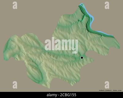 Forme de Şoldăneşti, district de Moldova, avec sa capitale isolée sur un fond de couleur unie. Carte topographique de relief. Rendu 3D Banque D'Images