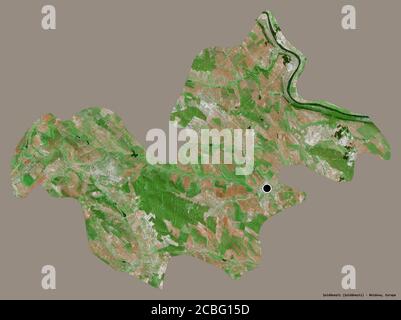Forme de Şoldăneşti, district de Moldova, avec sa capitale isolée sur un fond de couleur unie. Imagerie satellite. Rendu 3D Banque D'Images