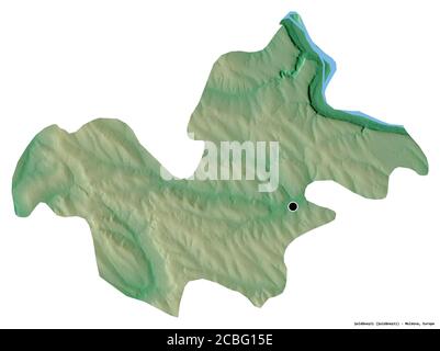 Forme de Şoldăneşti, district de Moldova, avec sa capitale isolée sur fond blanc. Carte topographique de relief. Rendu 3D Banque D'Images