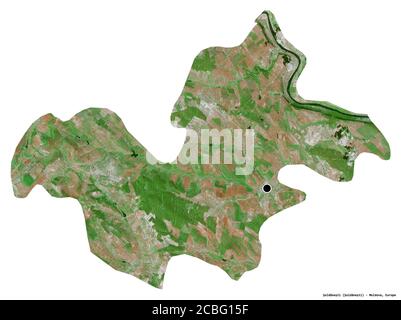 Forme de Şoldăneşti, district de Moldova, avec sa capitale isolée sur fond blanc. Imagerie satellite. Rendu 3D Banque D'Images