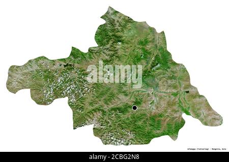 Forme d'Arhangay, province de Mongolie, avec sa capitale isolée sur fond blanc. Imagerie satellite. Rendu 3D Banque D'Images