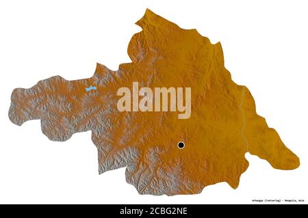 Forme d'Arhangay, province de Mongolie, avec sa capitale isolée sur fond blanc. Carte topographique de relief. Rendu 3D Banque D'Images