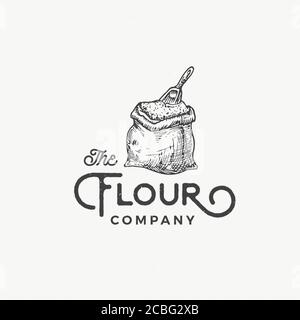 Modèle de symbole, de symbole ou de logo abstrait de Flour Company. Sac de farine ou sac avec Scoop Sketch Drawing et Retro Typographie. Emblème de luxe vintage. Illustration de Vecteur
