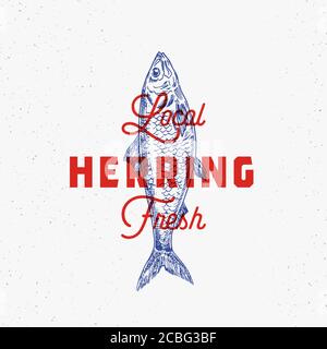 Hareng frais local. Modèle de symbole, de symbole ou de logo abstrait. Harengs à la main avec Typographie rétro élégante. Emblème vintage Vector avec Illustration de Vecteur