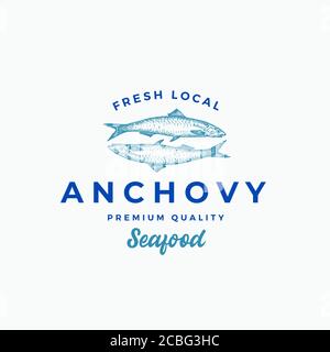 Nouveau modèle de symbole, de symbole ou de logo abstrait local anchois. Poissons anchois dessinés à la main avec Typographie rétro Premium. Emblème Vector élégant Illustration de Vecteur
