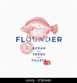 Fillettes Fillets Abstract Vector Sign, Symbol ou logo Template. Poissons plats dessinés à la main avec Typographie moderne Premium, sceau de qualité et boîte d'étain Illustration de Vecteur