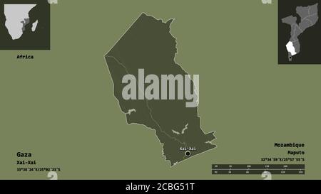 Forme de Gaza, province du Mozambique, et sa capitale. Echelle de distance, aperçus et étiquettes. Carte d'altitude en couleur. Rendu 3D Banque D'Images