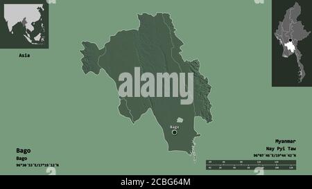 Forme de Bago, division du Myanmar et sa capitale. Echelle de distance, aperçus et étiquettes. Carte d'altitude en couleur. Rendu 3D Banque D'Images