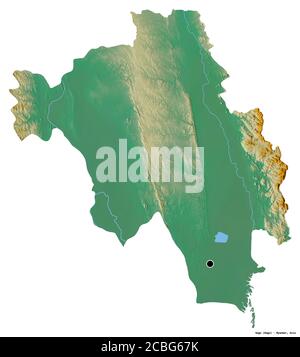 Forme de Bago, division du Myanmar, avec sa capitale isolée sur fond blanc. Carte topographique de relief. Rendu 3D Banque D'Images