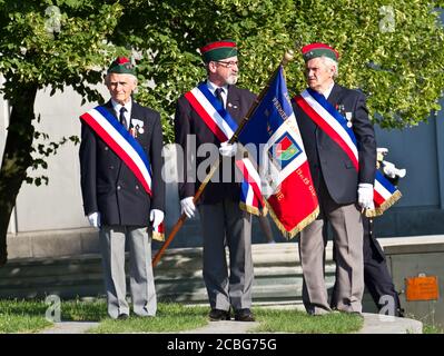 Anciens combattants français avec drapeaux Banque D'Images