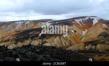 Les montagnes peintes de Landmannalaugar sous les nuages de Stormcloud avec une Lava Champ dans le premier plan Banque D'Images