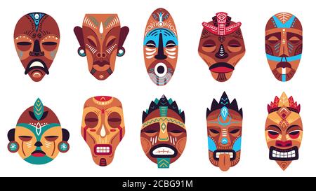 Masque tribal. Couleur totem hawaïen, rituels ou cérémoniels masques africains, hawaïens ou aztèques, ensemble de symboles traditionnels exotiques en bois rituels ensemble de vecteur Illustration de Vecteur