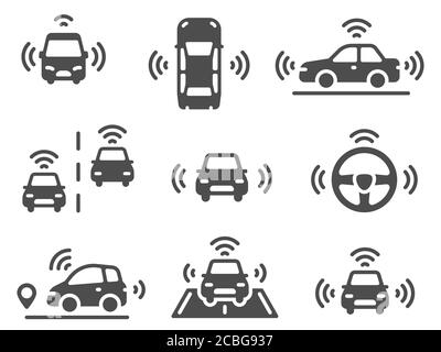 Icônes de voiture sans conducteur. Voiture robotique autonome, véhicules de conduite intelligents, lignes mobiles de navigation route, ECO-technologie électrique auto vecteur set Illustration de Vecteur