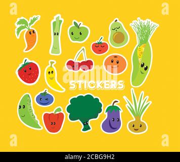 ensemble d'autocollants ou icônes de fruits et légumes dans un style kawaii japonais, modifiable. Banque D'Images