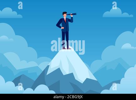 Vision d'entreprise. Homme d'affaires sur le pic de montagne avec télescope regardant nouvelle idée, démarrage d'affaires, prévision visionnaire, concept de vecteur de succès Illustration de Vecteur