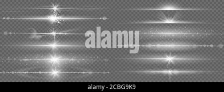 Effet de lignes d'évasements. Lentille optique horizontale lumière diffuse, bandes lumineuses futuristes de nuit, rayures brillantes, jeu de vecteurs de lumière de lumière de jour flash Illustration de Vecteur