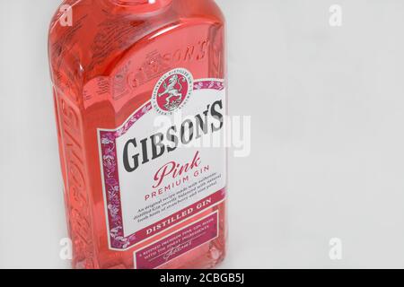 KIEV, UKRAINE - 28 MARS 2020 : bouchon de Gibsons Premium rose en bouteille sur fond blanc. Le gin est une boisson alcoolique distillée qui en tire Banque D'Images