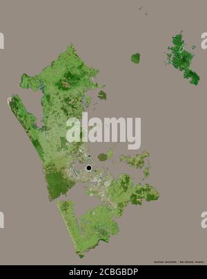 Forme d'Auckland, conseil régional de Nouvelle-Zélande, avec sa capitale isolée sur un fond de couleur unie. Imagerie satellite. Rendu 3D Banque D'Images