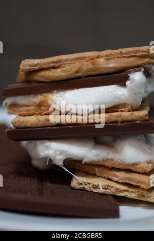 S'Mores fait maison avec des craquelins, les guimauves et le chocolat Banque D'Images