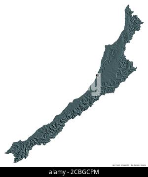 Forme de la côte Ouest, conseil régional de Nouvelle-Zélande, avec sa capitale isolée sur fond blanc. Carte d'altitude en couleur. Rendu 3D Banque D'Images