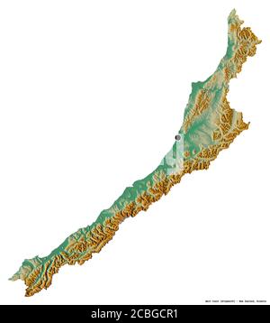 Forme de la côte Ouest, conseil régional de Nouvelle-Zélande, avec sa capitale isolée sur fond blanc. Carte topographique de relief. Rendu 3D Banque D'Images