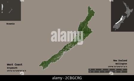 Forme de la côte Ouest, conseil régional de la Nouvelle-Zélande, et sa capitale. Echelle de distance, aperçus et étiquettes. Imagerie satellite. Rendu 3D Banque D'Images