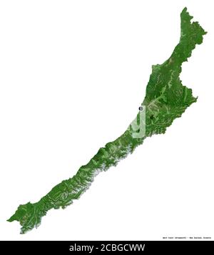 Forme de la côte Ouest, conseil régional de Nouvelle-Zélande, avec sa capitale isolée sur fond blanc. Imagerie satellite. Rendu 3D Banque D'Images
