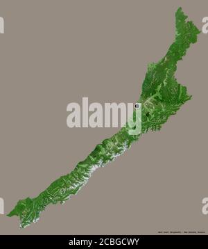 Forme de la côte Ouest, conseil régional de Nouvelle-Zélande, avec sa capitale isolée sur un fond de couleur unie. Imagerie satellite. Rendu 3D Banque D'Images