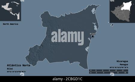 Forme de Atlántico Norte, région autonome du Nicaragua, et sa capitale. Echelle de distance, aperçus et étiquettes. Carte d'altitude en couleur. Rendu 3D Banque D'Images