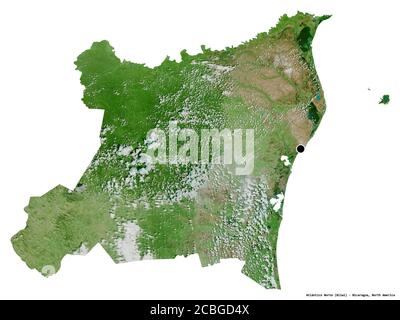 Forme de Atlántico Norte, région autonome du Nicaragua, avec sa capitale isolée sur fond blanc. Imagerie satellite. Rendu 3D Banque D'Images