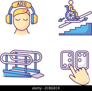 Personnes handicapées installations couleurs RVB jeu d'icônes Illustration de Vecteur